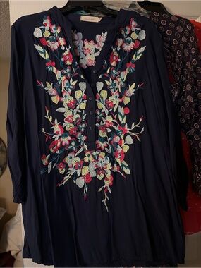 Solitaire Navy and pink Floral Embroidered V-Neck Tunics